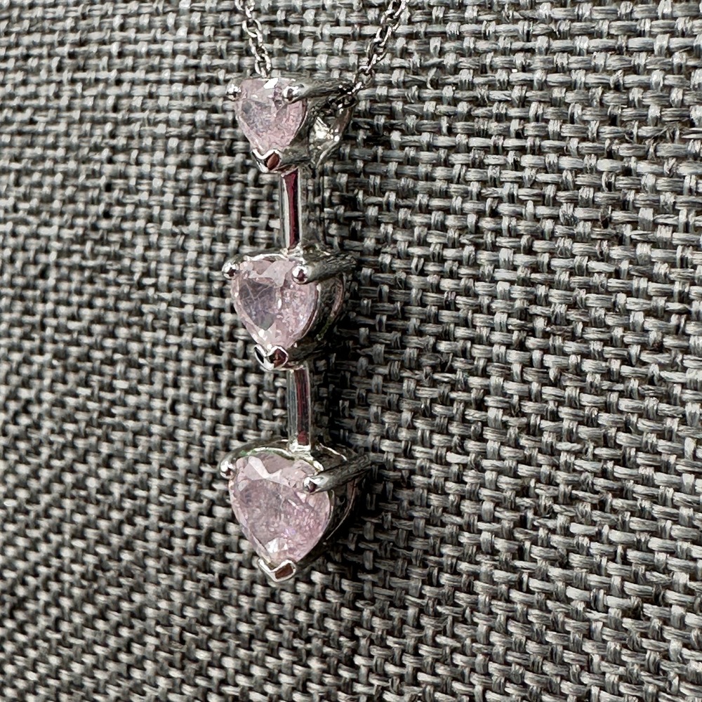 Sterling Silver Pink Heart Triple Drop Pendant Necklace 925 Italy 18 Inch Chain - Picture 4 of 6
